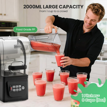 Huanyu Kommerzieller Mixer mit Schallschutzhaube 2L Fassungsvermögen Leiser professioneller Mixer Smoothie Maker 1600W Hochleistungsmixer für Eiscrushing, Smoothie und Pürees