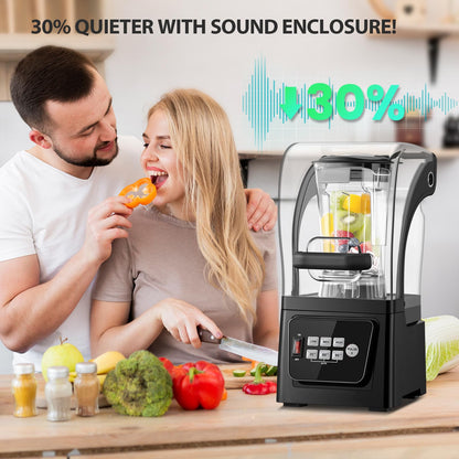 Huanyu Kommerzieller Mixer mit Schallschutzhaube 2L Fassungsvermögen Leiser professioneller Mixer Smoothie Maker 1600W Hochleistungsmixer für Eiscrushing, Smoothie und Pürees